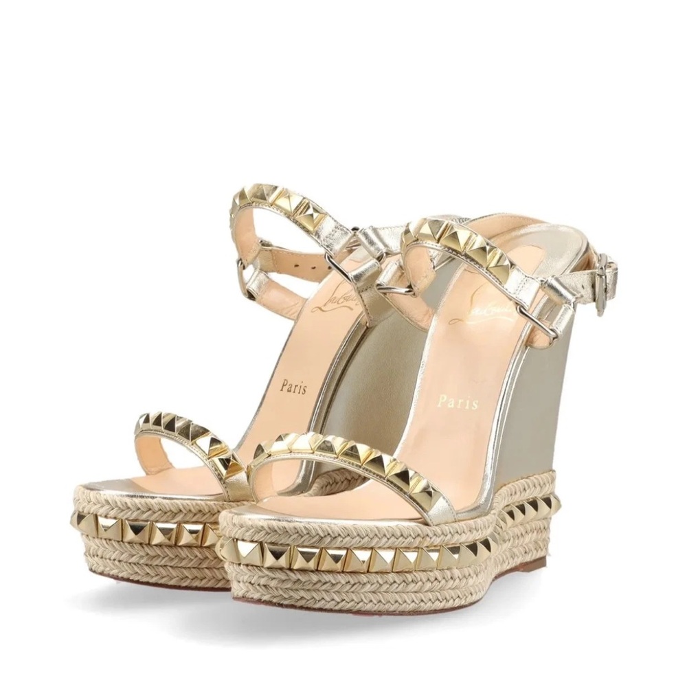 ❤️ Christian Louboutin Katacrow Leather Wedge Sandals 41 Gold Studs ❤️